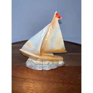 Vintage Ceramic Sailboat Figurine Nautical Decor Sea Wave Base Red Flag S 10